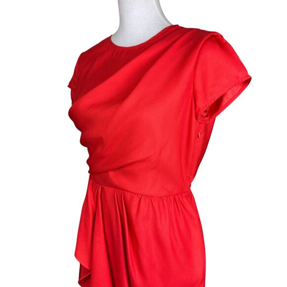 Julie Dillon Red Orange Textured Satin Crossover Sash Short Sleeve Sheath Dress - Picture 5 of 11